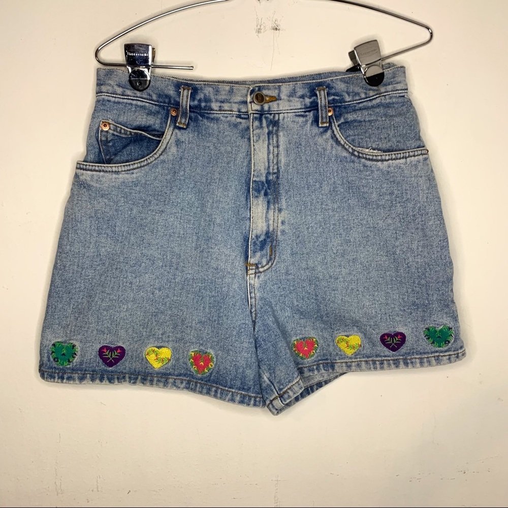 Vintage Shorts Blue Jean Denim Heart Embroidered High Rise Cotton Women’s 12